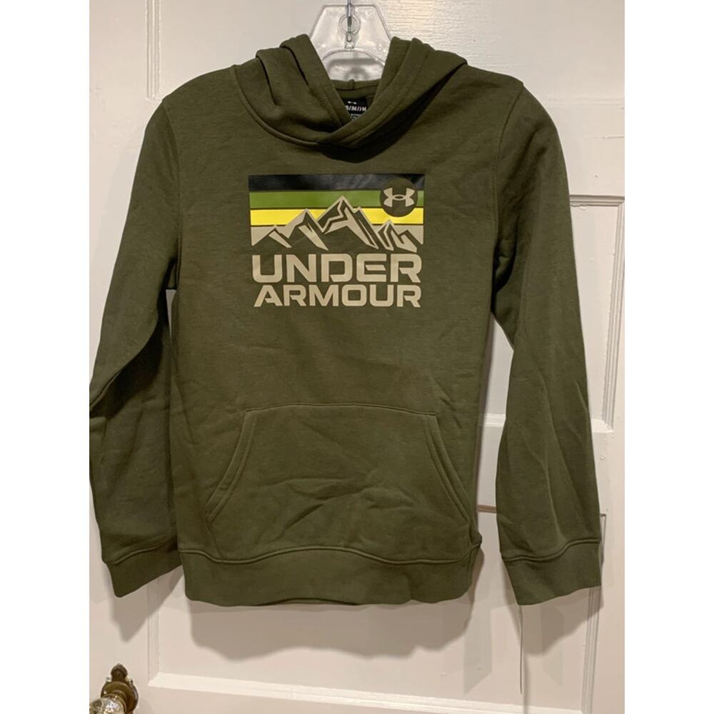 Under Armour Olive Green Hoodie Sweatshirt Mountain Logo Graphics Youth Medium
